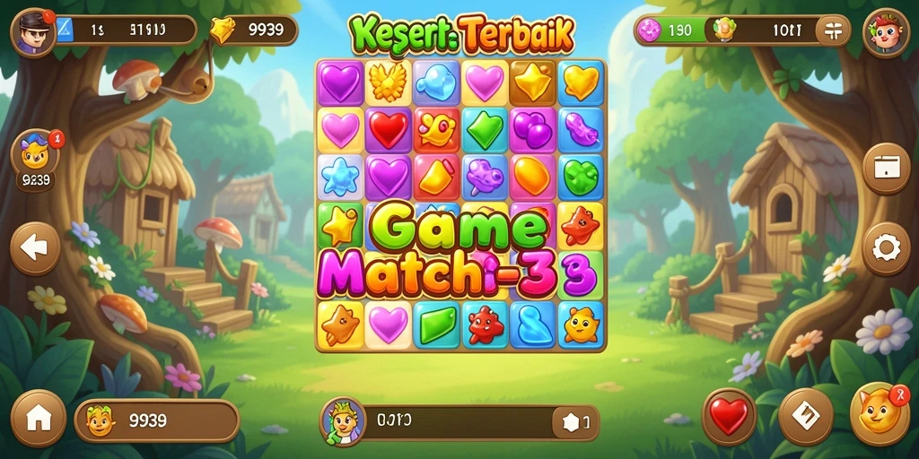 Screenshot menunjukkan gameplay Match-3 yang seru dan interaktif.