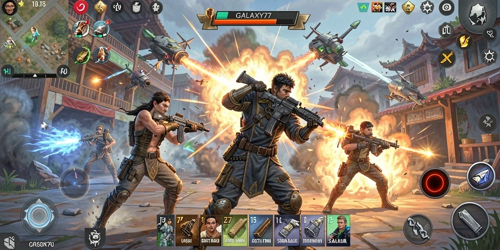 Tangkapan layar menampilkan aksi intens dalam gameplay Battle Royale.