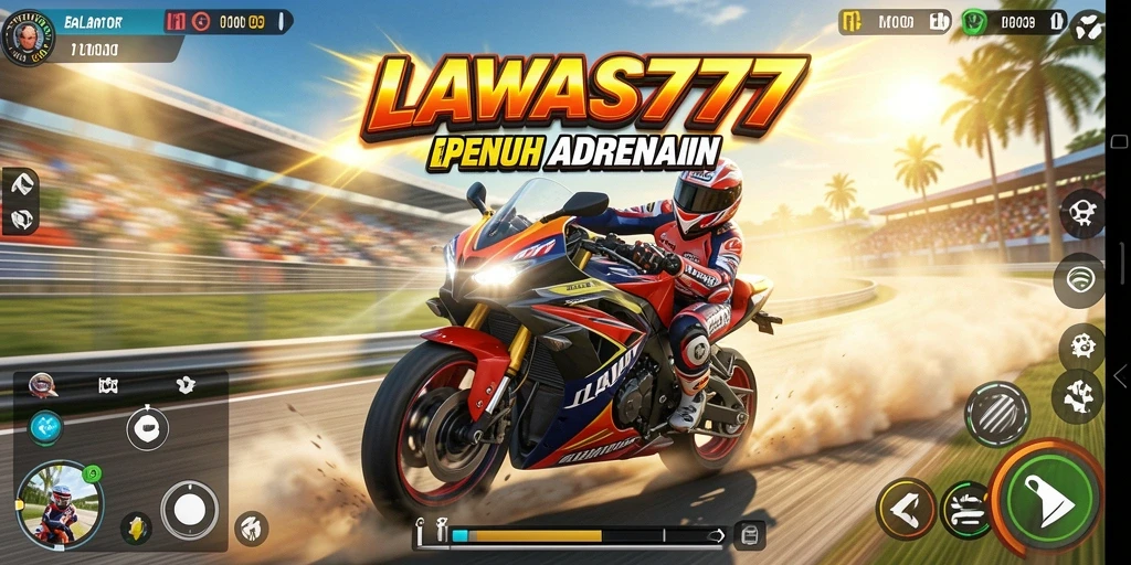 Tampilan gameplay LAWAS777 dengan aksi balapan motor yang intens.