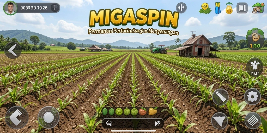 Screenshot utama MIGASPIN menampilkan gameplay pertanian yang seru dan menyenangkan.