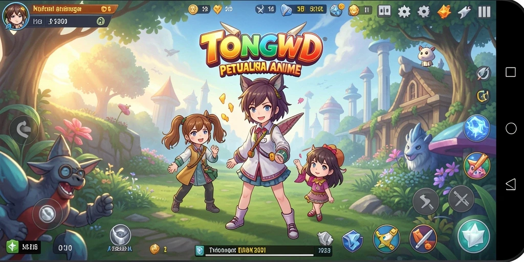 Tampilan gameplay TONGWD dengan karakter anime yang menarik dan aksi seru.