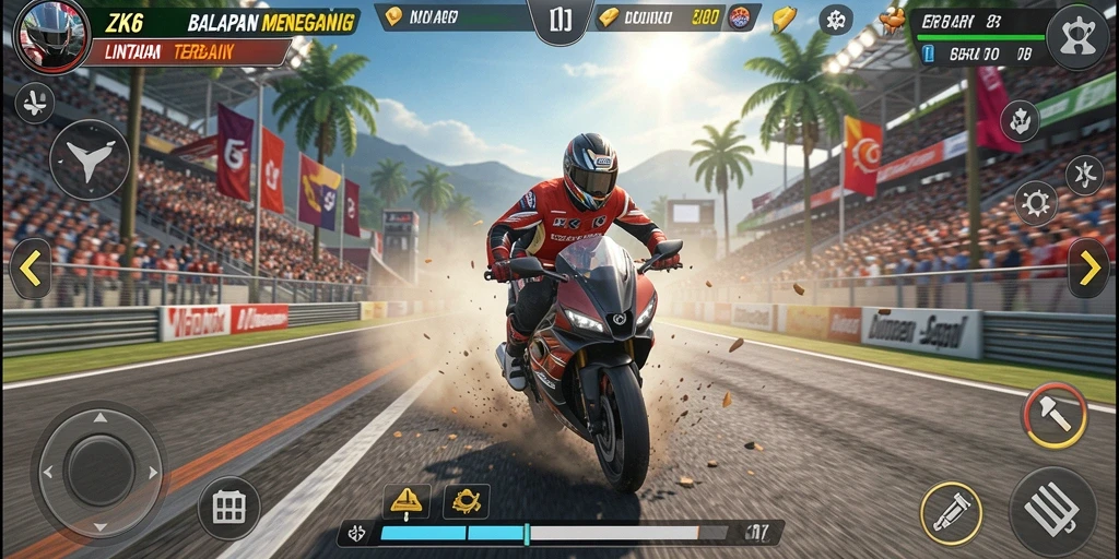 Tampilan gameplay ZK6 yang penuh aksi dan balapan seru.